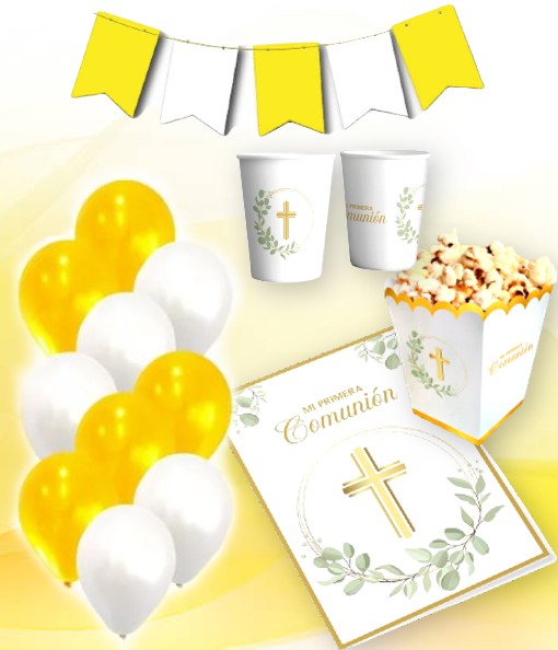 KIT COMUNION AMARILLO Y BLANCO PERSONALIZABLE